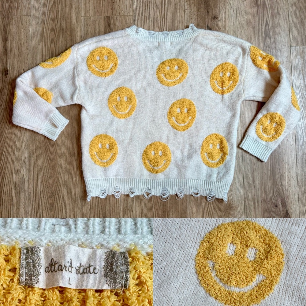 Altar'd State Distressed Knit Smiley Face Sweater happy face fall winter